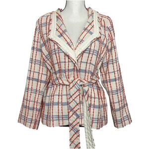 Chico's Plaid Belted Lightweight Blazer Lady Jacket Size 1 (8/10) White Orange